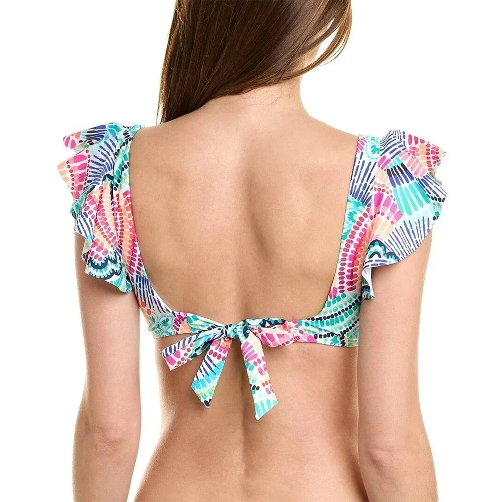 LA BLANCA V-Neck Ruffle Sleeve Bikini‎ Top Tie Back Multi Color Print Size 12